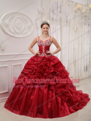 Wine Red Ball Gown Spaghetti Straps Court Train Organza Beading Quinceanera Dress