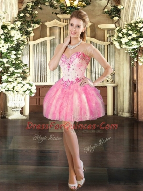 Sweetheart Sleeveless Tulle Homecoming Dress Beading and Ruffles Lace Up