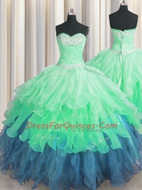 Multi-color Organza Lace Up Sweetheart Sleeveless Floor Length 15th Birthday Dress Beading and Ruffles and Ruffled Layers and Sequins