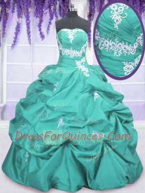 Clearance Taffeta Sleeveless Floor Length Vestidos de Quinceanera and Appliques and Ruching and Pick Ups