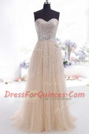 Empire Sleeveless Champagne Prom Dresses Sweep Train Zipper
