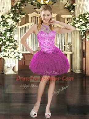 Clearance Mini Length Lace Up Prom Dresses Fuchsia for Prom and Party with Beading and Ruffles