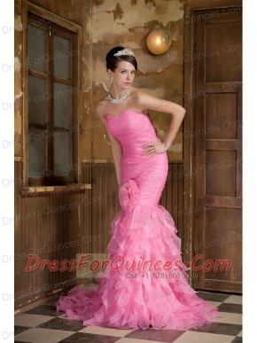 Prom Dress Rose Pink Mermaid Sweetheart Brush Train Organza Hand Made Flower and Ruffles