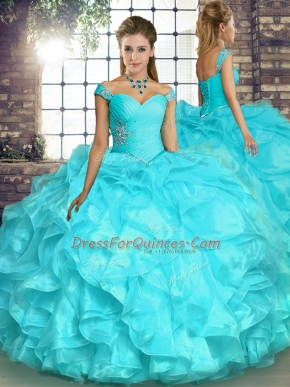 High Quality Aqua Blue Sleeveless Beading and Ruffles Floor Length Sweet 16 Dress