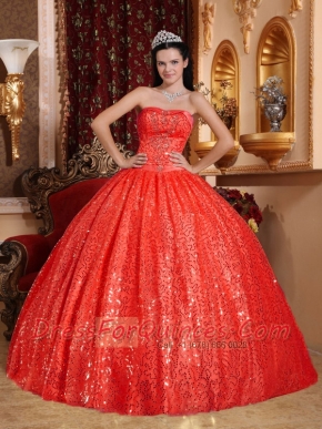 Red Strapless Sequined Ball Gown Dress with Beading and Appliques