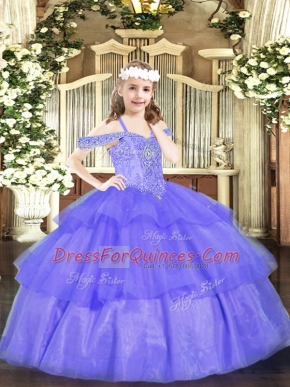 Hot Selling Lavender Sleeveless Beading and Ruffled Layers Floor Length Kids Pageant Dress