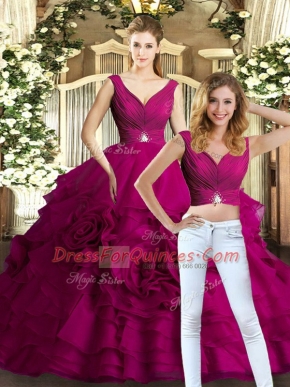 Noble Fuchsia V-neck Backless Beading and Ruffles Quinceanera Dress Sleeveless