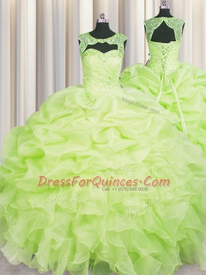 Yellow Green Scoop Lace Up Beading and Pick Ups Ball Gown Prom Dress Sleeveless