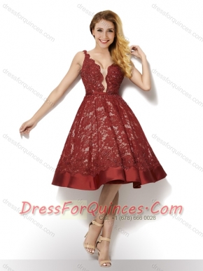 Wonderful Deep V Neckline Backless Laced Dama Dress in Red
