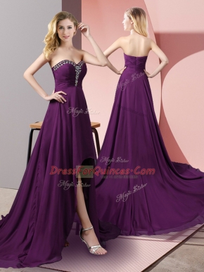 Best Purple Empire Beading Prom Party Dress Zipper Chiffon Sleeveless High Low