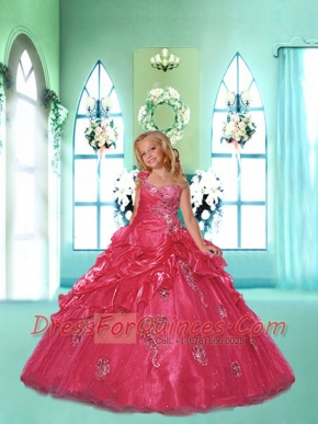 New Style One Shoulder Red Little Girl Pageant Dress with Appliques and Pick-ups