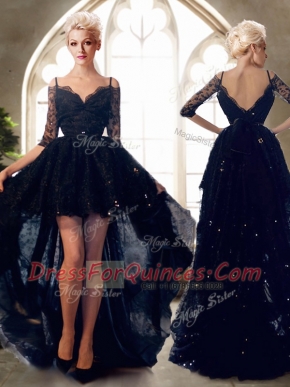 Dynamic Navy Blue Backless Spaghetti Straps Beading Dress for Prom Lace Half Sleeves