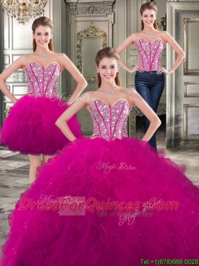 Wonderful Beaded and Ruffled Detachable Quinceanera Dresses in Fuchsia
