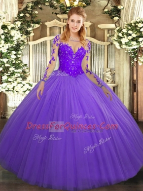 Stunning Lavender 15 Quinceanera Dress Military Ball and Sweet 16 and Quinceanera with Lace Scoop Long Sleeves Lace Up