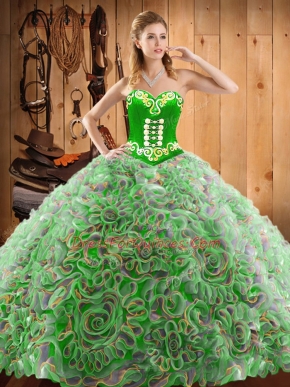 Stunning Multi-color Ball Gowns Sweetheart Sleeveless Satin and Fabric With Rolling Flowers With Train Sweep Train Lace Up Embroidery 15 Quinceanera Dress