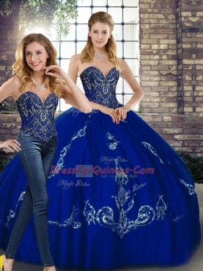Royal Blue Quinceanera Gowns Military Ball and Sweet 16 and Quinceanera with Beading and Embroidery Sweetheart Sleeveless Lace Up