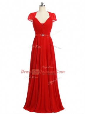 Hot Selling Red Prom and Party and Military Ball with Beading and Ruching and Belt Sweetheart Short Sleeves Zipper