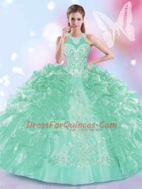 Halter Top Sleeveless Organza Floor Length Lace Up Sweet 16 Dresses in Apple Green with Appliques and Ruffles