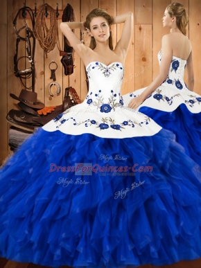 Blue And White Ball Gowns Embroidery and Ruffles Quinceanera Gown Lace Up Satin and Organza Sleeveless Floor Length