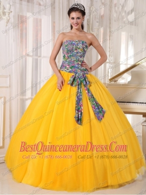 Yellow Ball Gown Strapless Floor-length Tulle and Printing Sequins Quinceanera Dress