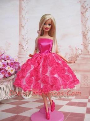 Sweet Ball Gown Hot Pink Hand Made Flowers With Tea-length Made to Fit the Barbie Doll