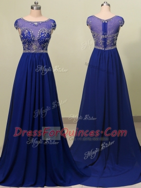 Scoop Royal Blue Zipper Prom Party Dress Beading Cap Sleeves With Brush Train