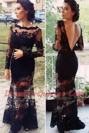 Scalloped Black Long Sleeves Organza Backless Dress for Prom for Prom and Party