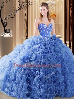 Lace Up Sweet 16 Quinceanera Dress Blue for Prom and Military Ball and Sweet 16 and Quinceanera with Embroidery and Ruffles Court Train