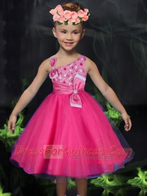 Romantic A-Line Asymmetrical Bowknot Print Hot Pink Flower Girl Dress with Tea-length