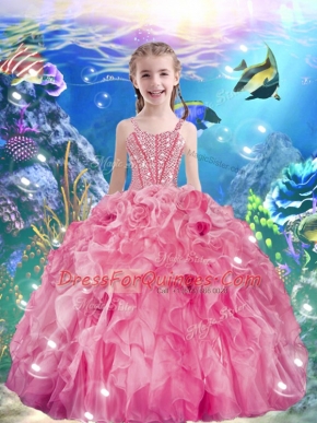 Cute Rose Pink Ball Gowns Beading and Ruffles Kids Formal Wear Lace Up Organza Sleeveless Floor Length