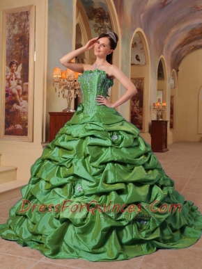 Green Taffeta Ball Gown Sleeveless Strapless Court Train Pick-ups Cheap Quinceanera Dresses