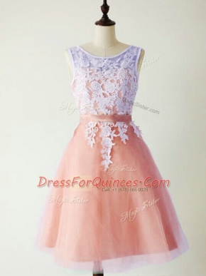 Traditional Peach A-line Tulle Scoop Sleeveless Lace Knee Length Lace Up Court Dresses for Sweet 16