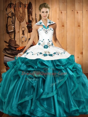 Ball Gowns Quince Ball Gowns Teal Halter Top Satin and Organza Sleeveless Floor Length Lace Up
