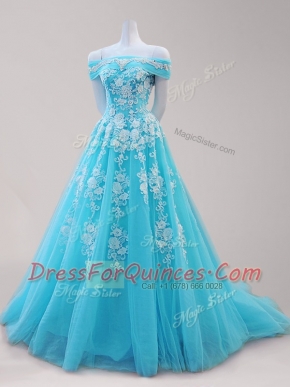 Low Price Off the Shoulder Tulle Cap Sleeves Prom Evening Gown and Beading and Appliques