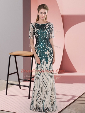 Flirting Half Sleeves Zipper Floor Length Sequins Prom Evening Gown