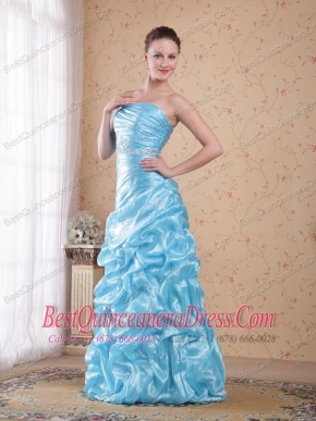 Aqua Blue Column / Sheath Strapless Floor-length Organza Beading Prom Dress