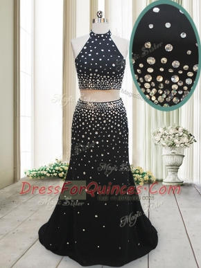Halter Top Sleeveless Backless Floor Length Beading Evening Dress