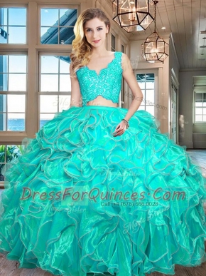 Exceptional Sleeveless Organza Floor Length Zipper 15th Birthday Dress in Turquoise with Lace and Ruffles