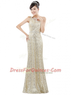One Shoulder Champagne Column/Sheath Beading and Sequins Prom Gown Zipper Sequined Sleeveless Floor Length