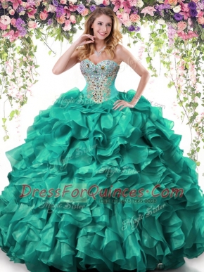 Lovely Floor Length Lace Up Sweet 16 Dress Turquoise for Military Ball and Sweet 16 and Quinceanera with Beading and Ruffles