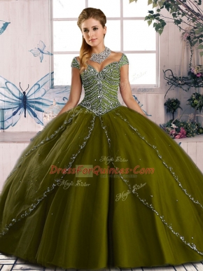 Best Selling Sweetheart Cap Sleeves Quinceanera Dress Brush Train Beading Olive Green Organza