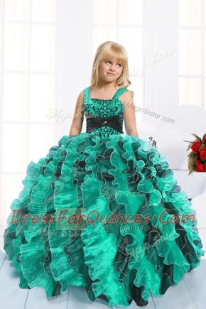 Vintage Floor Length Ball Gowns Sleeveless Teal Flower Girl Dress Lace Up