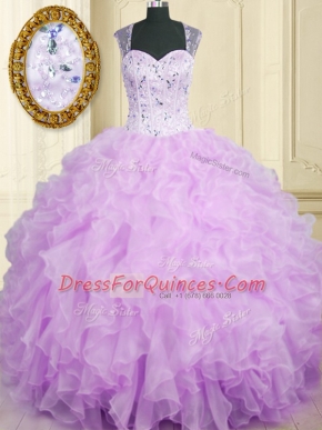 Ball Gowns Sweet 16 Dress Lavender Straps Organza Sleeveless Floor Length Zipper