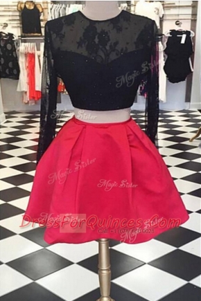 Stunning Red And Black Satin and Lace Zipper Scoop Long Sleeves Knee Length Prom Dress Lace