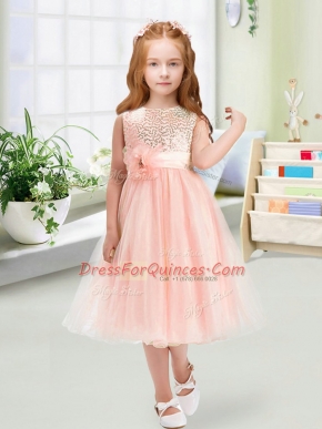 Baby Pink Scoop Zipper Sequins and Hand Made Flower Flower Girl Dress Sleeveless