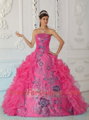 Sweetheart Embroidery and Beadings Hot Pink Satin and Organza Ball Gown 2014 Spring Quinceanera Dresses