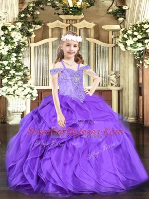 Sleeveless Floor Length Beading and Ruffles Lace Up Pageant Dress Womens with Lavender