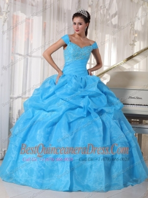 Blue Ball Gown Off The Shoulder Floor-length Taffeta and Organza Beading Quinceanera Dress