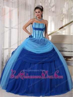 Blue Ball Gown Strapless Floor-length Tulle Beading Quinceanera Dress