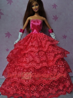 Pretty Red Gown With Ruffled Layers Dress For Barbie Doll